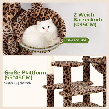 Драбина для котів Globlazer XXL, 209 см: 3 стійкі лежанки, 2 будиночки, 2 кошики, велика платформа, іграшки, стабільна для 3-5 котів. Leoparden