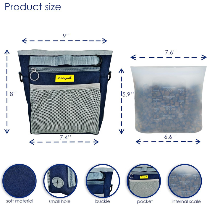 Сумка для ласощів для собак, універсальна сумка для прогулянок з силіконовим кишеньком, мішок для корму для дресирування собак та дозатор ласощів, ідеальна для активного відпочинку на природі (Чорний 4 чашки) (5. Синій 4 чашки)