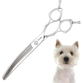 Професійна вигнута ножиця для грумінгу домашніх тварин 7.5 дюймів (25 градусів) з 35 зубцями, коефіцієнт розрідження 65%, високоякісна грумерська ножиця