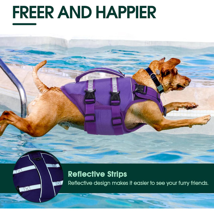 Жилет рятувальний для собак великих порід Kuoser, фіолетовий, з ручкою та світловідбиваючими елементами, регульований