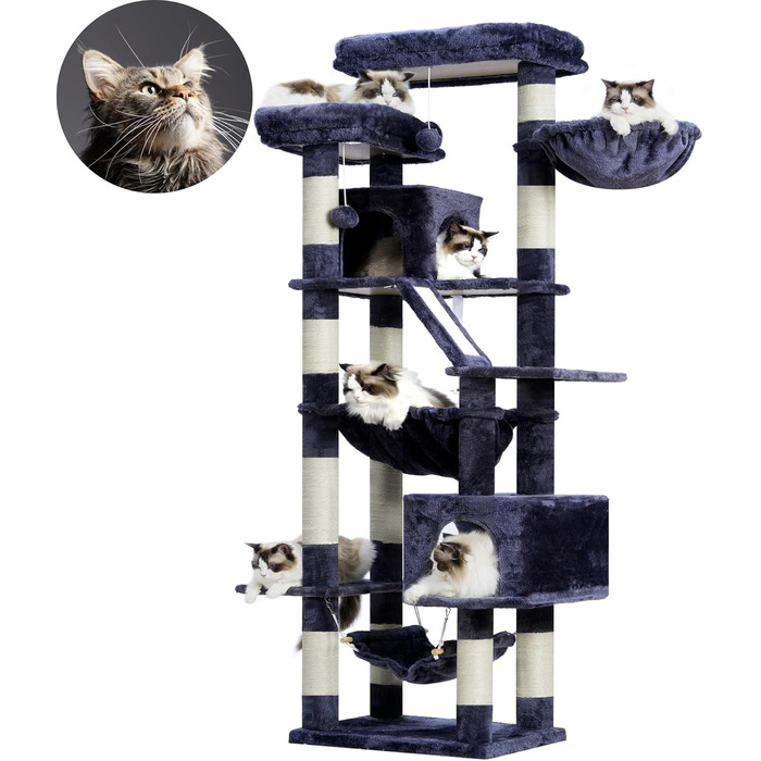 Кігтеточка-вежа для котів Heybly, 180 см, сірий, з 2 платформами, 2 будиночками, 2 гамаками, корзиною та дряпалкою HCT034G
