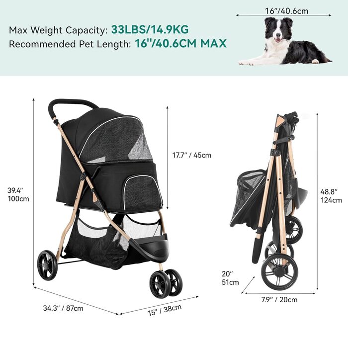 Візок для собак та котів YITAHOME 15 кг, 3 колеса, сітко-вікно, гальма, міцний, чорний