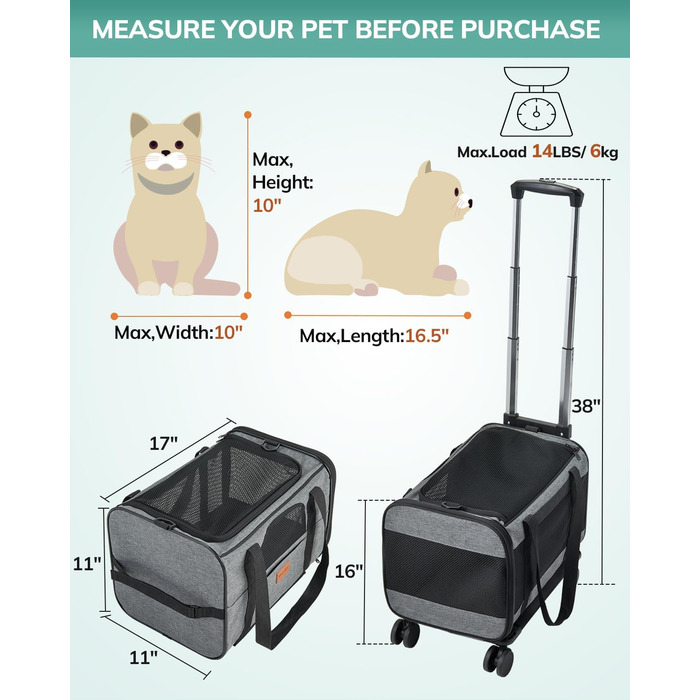 Трансформер для котів та собак Morpilot з колесами, сірий. Сумка-переноска для тварин, схвалена авіакомпаніями, для маленьких собак, великих котів, цуценят. Розміри: 43 x 28 x 28 см