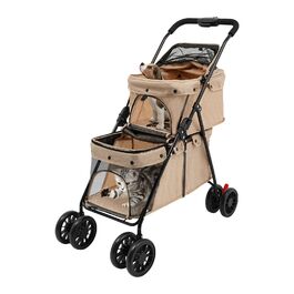 Транспортна візок для домашніх тварин 2-ярусний для собак та котів, складаний, з сітчастими вікнами, гальмом та сумкою для зберігання, стабільний каркас з вуглецевої сталі, до 40 кг, 95 * 60 см (Хакі)