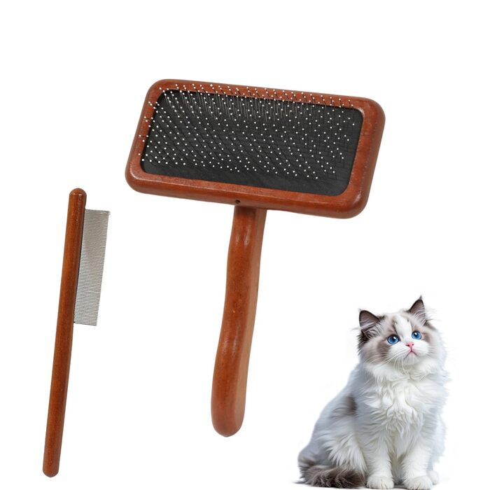 Професійна щітка для собак та котів 2 шт. + гребінець від бліх, дерев'яна, для довгої та короткої шерсті, видаляє ковтуни, для здоров'я шкіри, ергономічна (середня + дрібна зубці)