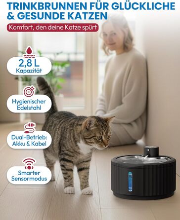 Фонтанчик для котів Miaura® бездротовий, 2.8л, з датчиком руху, чорний - автоматична поїлка для котів