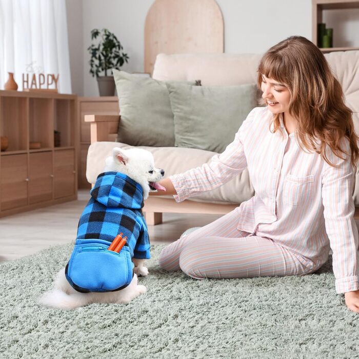 Теплий зимовий пуловер для собак з капюшоном, в клітинку, з кишенею на блискавці, розміри S-5XL, чорно-синій, бавовна