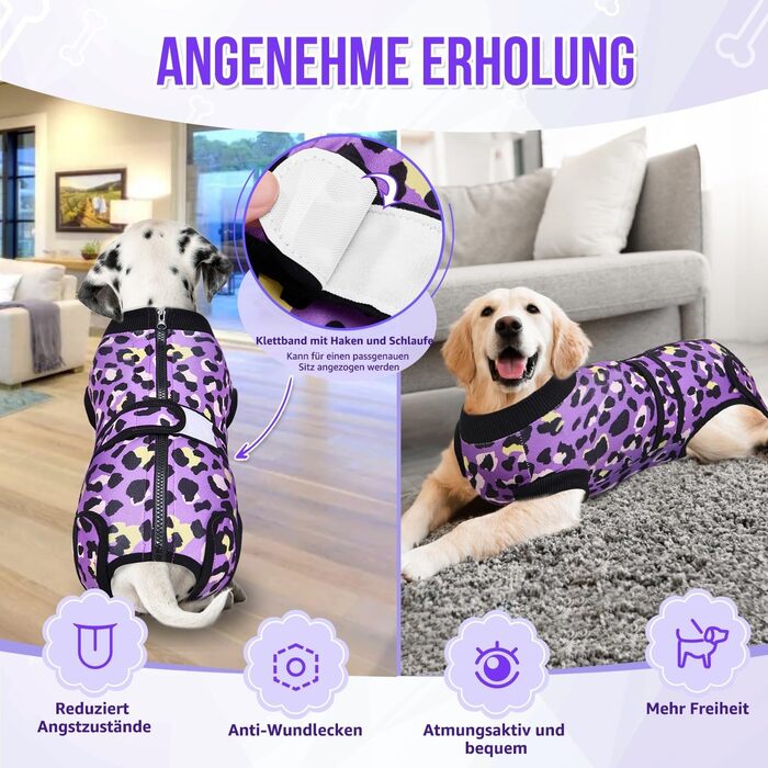 Комбінезон для собак після операції, м'який, дихаючий, захист від лизання, комбінезон з блискавкою, альтернатива електронного нашийника, для собак після кастрації (леопардовий принт, фіолетовий, розмір S)