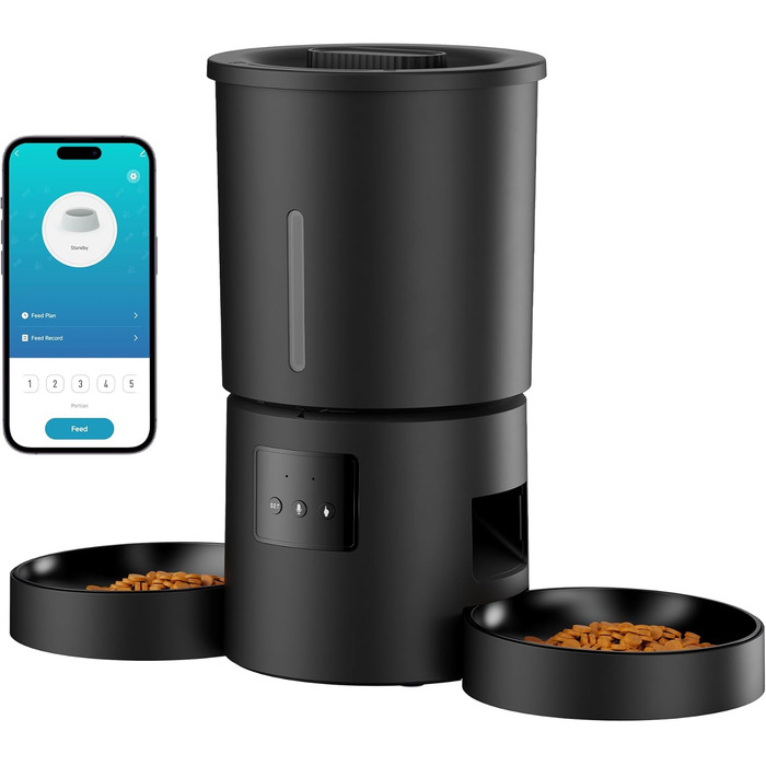 Автоматичний годівниця для котів AONBOY з двома мисками та Wi-Fi: 5L, таймер, для сухого корму, чорна