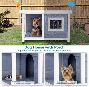 Будка для собак та котів Petsfit з масиву дерева, з балконом, терасою та вікном, утеплена, водонепроникна, для вулиці, 85x62x58 см, світло-сіра