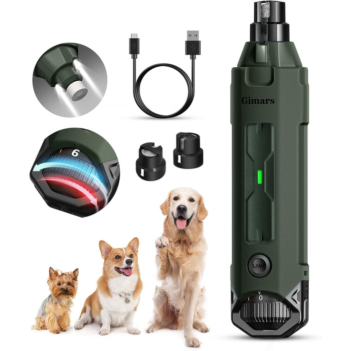 Шліфувальник кігтів для собак Gimars - 6 швидкостей, LED-підсвічування, USB-зарядка, 3 насадки (Army Green)