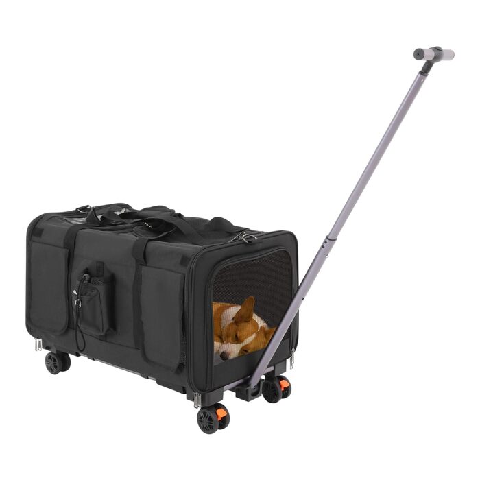 Транспортна переноска для котів та собак, мобільна сумка для 2 тварин, з колесами, знімна, складана, вантажопідйомність 17,5 кг, для прогулянок та парку (Чорний)