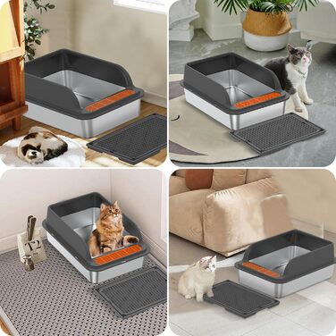 Кігтеточка-лоток для котів Euakee з нержавіючої сталі з кришкою, XL, великий, для великих котів, з високими бортиками, з лопаткою та педалем, антипригарне покриття, захист від протікання, легко чистити