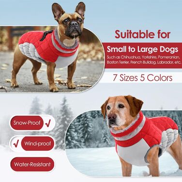 Зимовий теплий одяг для собак AOFITEE: куртка з флісу, світловідбиваючий дизайн, з нашийником та блискавкою. Водонепроникний костюм для собак маленьких, середніх та великих порід. Колір: червоний, святковий.