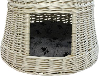 Кігтеточка-ліжко для котів: кругла хатинка з лози, 2 поверхи, білий колір, сірий лежак