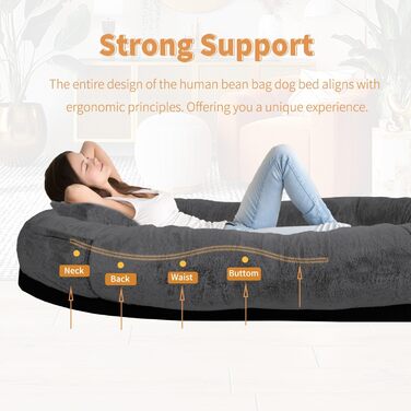 Крісло-мішок для собак та людей NESTROAD, 180x114x35 см, сірий, з штучним хутром, подушкою та ковдрою