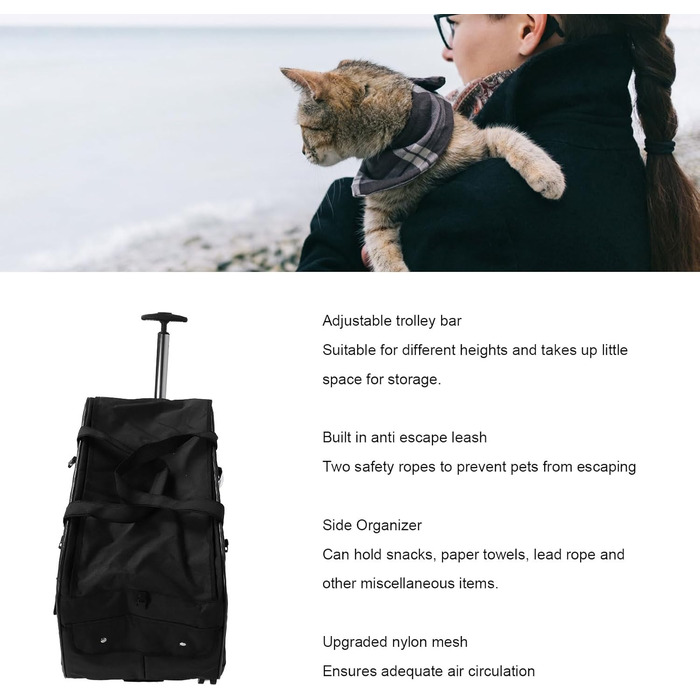 Транспортна переноска для собак, складана, велика, з колесами та телескопічною ручкою. Підходить для котів та собак вагою до 17,5 кг (чорна)