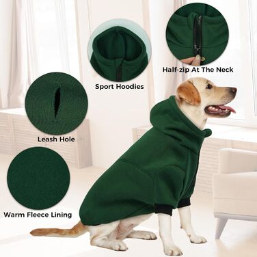Флісовий худі для собак Lelepet з капюшоном та отвором для повідка, теплий, для осені та зими, напівзастібка, стильний одяг для домашніх тварин, малі, середні та великі породи, XX-Large, зелений