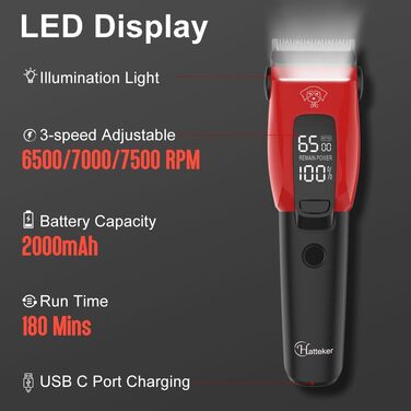 Професійна машинка для стрижки собак Hatteker: електрична, бездротова, з підсвічуванням, 7500 RPM