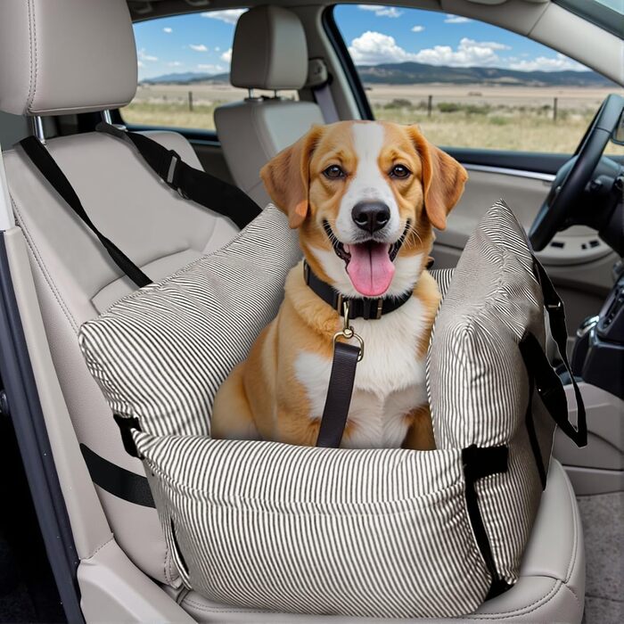 Автокрісло для собак - автокрісло-бустер для маленьких та середніх собак до 18 кг з ременем безпеки та кишенями для зберігання, антиковзаюча підставка (смугастий морський колір) (коричневий, 76.2 x 52 см)