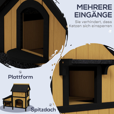 PawHut Cat House, Ялинове дерево, Котячий будинок з кількома входами, 2 поверхи, Котяча печера для вулиці, Невеликий будинок для тварин з асфальтовим дахом, Коробка для квітів, Зимостійкий, Рельєфний дизайн, Жовтий, 96 x 65 x 85,5 см | Аосом