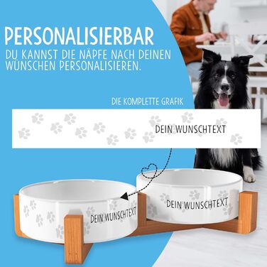 Персоналізована годівниця для собак OWLBOOK з іменем або текстом, подвійний набір мисок з кераміки та бамбуковим каркасом, 300 мл