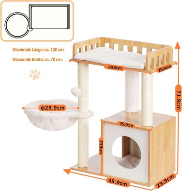 Дерев'яна кігтеточка Heybly HCT007SSR для котів: кігтестоїка-стійка з платформою 30x50 см, будиночком та 2 сизалевими стовпчиками, коричнева