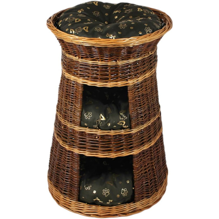 Корзина для котів для сну – котяча хатинка для дому – розмір 43 x 49 x 70 см, кругла – котяча хатинка з лози, трирівневе ліжко для собак або котів з пральним подушками в бежевому кольорі – лакована корзина (подушка темно-коричнева)