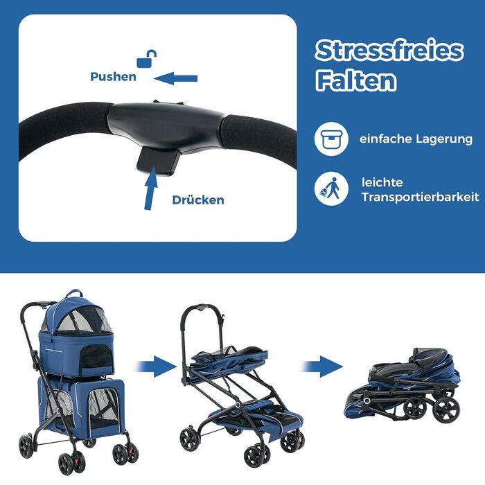 Візок для собак GOPLUS 3 в 1, візок-будка з 2 знімними відсіками, сітчастим віконцем, липучкою, колесами з гальмами, знімними подушками, візок для подорожей з собаками, котами (Блакитний)
