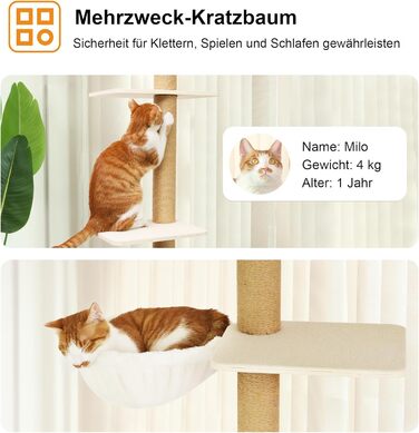 Драбина-кіготь для котів FUKUMARU, 4 яруси, до стелі (251-274см), кріпиться до стіни, з джутової тканини та зручною гамаком, бежева