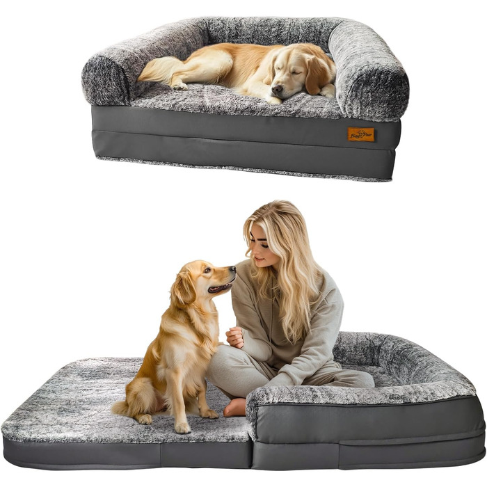 Ортопедичне собаче ліжко BingoPaw для собак та людей: XXXL, 180x96x10 см, сіре, знімний чохол з PV-велюру, PU-шкіра