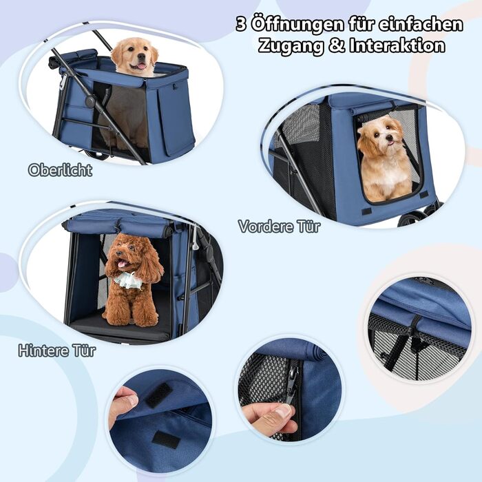 Візок для собак та котів GYMAX, складаний, до 40 кг, з кишенями та сітковими вікнами, універсальні колеса та ручка, блакитний