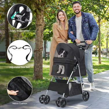 Візок для собак YITAHOME, середній розмір, 4 колеса, з кошиком для зберігання, складаний, з тримачем для напоїв (чорний, без дощового покриття)