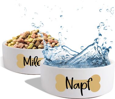 Керамічний двомісний набір мисок з іменем для собак та котів 'Кістка' - персоналізований набір мисок з/без підставки | Миска для собак, миска для котів, годівниця | 2x 500 мл