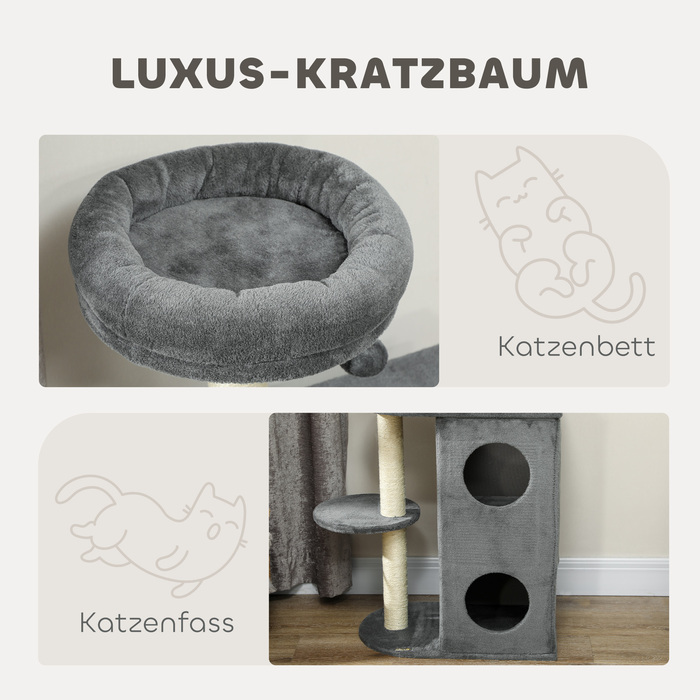 PawHut Cat Tree 111 см Cat Tree з котячою печерою, ліжко, ігровий м'яч, кігтеточка для кішки з сизалем Кігтеточки, для котів до 5 кг, сіра | Аосом