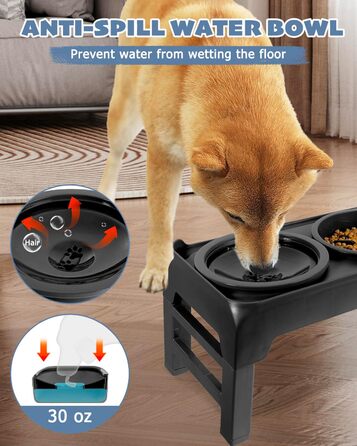 Підвищений годівниця для собак, регульована висота, повільний годівник та миска для води без обливання, набір, миска для корму для собак, миска для води для великих, середніх та маленьких собак, котів та домашніх тварин, чорний