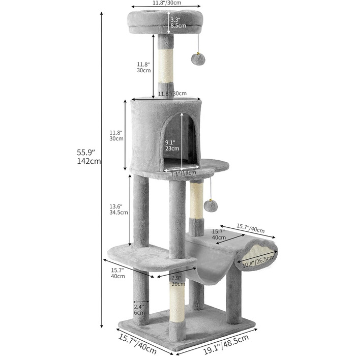 Кігтеточка YITAHOME XXL для котів, 142 см, сірий, з 8 стовпів з сизалю, 3 платформи, 2 печери, гамак, іграшки, кігтешкребок, крізьбаум