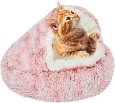 Килимок для кота, песика, гніздо-печери, круглий, м'який плюш, з капюшоном, пончик, теплий лежак для домашніх тварин, самопідігріваючий, 60 x 60 см (Рожевий)