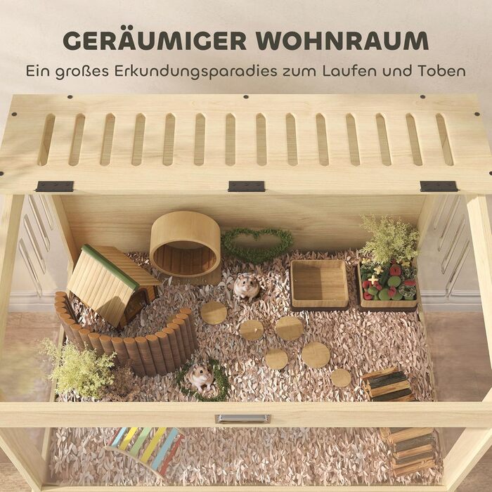 Клітка для хом'яків PawHut 2 поверхи, для дрібних тварин з відкидним дахом, 83,2 x 50 x 103 см, натуральне дерево