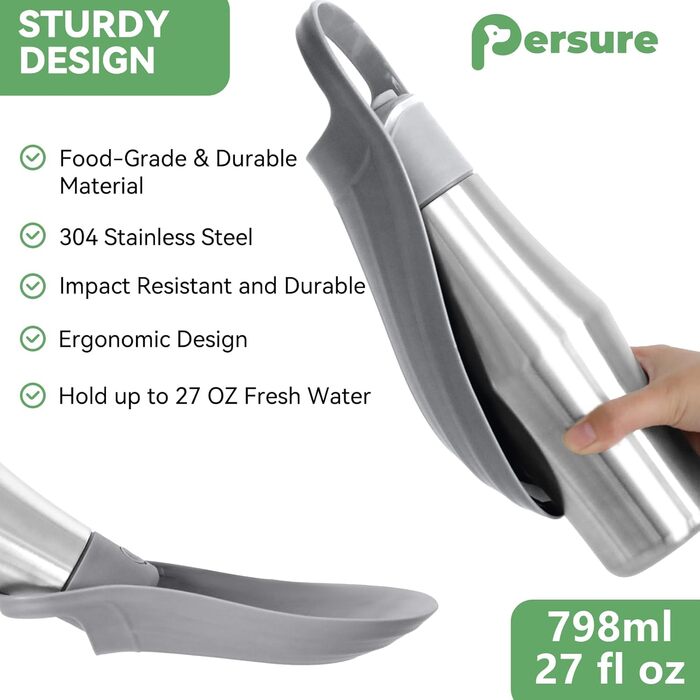 Водяна пляшка для собак, 765 мл, не протікає, з нержавіючої сталі, для прогулянок та активного відпочинку (сіра, 1 шт.)