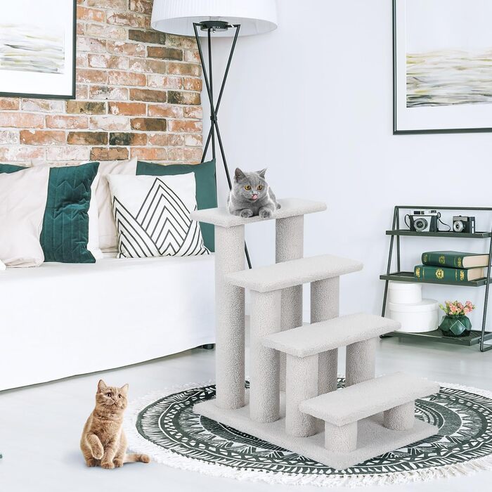 Котяча та собача драбинка COSTWAY, 4 сходинки, до 25 кг, 61x41x60 см, з ДСП і штучного флісу, бежевого кольору – сходи для тварин, ігровий комплекс