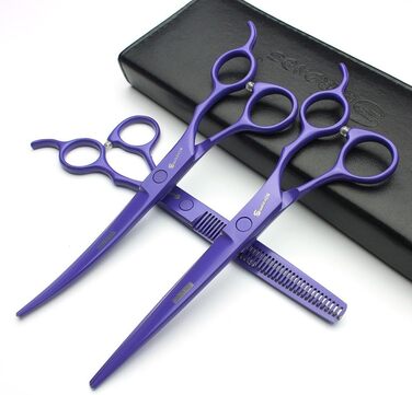 Набір професійних ножиць для грумінгу тварин 7 дюймів (3 шт.) з японської сталі 440C, вигнуті та розріджуючі (фіолетовий)