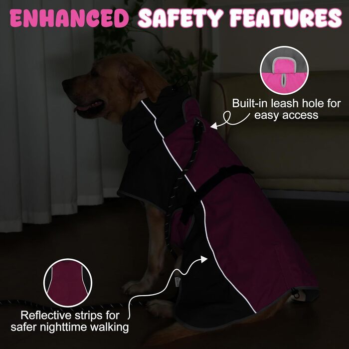 Водонепроникний собачий дощовик HezzLuv з світловідбиваючими смугами, отвором для повідка та флісовою підкладкою, можна прати в пральній машині, зимова куртка для собак маленьких, середніх та великих порід, теплий, вітронепроникний, легкий (Рожевий, Велик