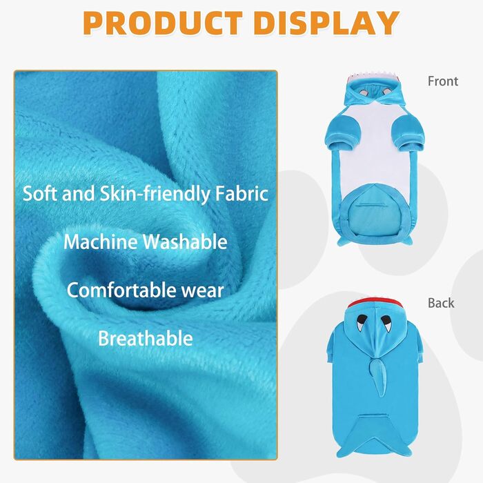 KOOLTAIL Костюм для собак, костюм бджоли, теплий флісовий пуловер з капюшоном, одяг для домашніх тварин, кумедний косплей, карнавальний костюм, захист від холоду, з отвором для повідка (Синій акул, Великий)