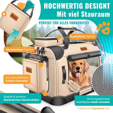 LOVPET® Транспортна переноска для собак та котів, 60x42x44 см | Складана переноска для тварин з мискою та плечовим ремінцем | для котів та собак, Бежевий M