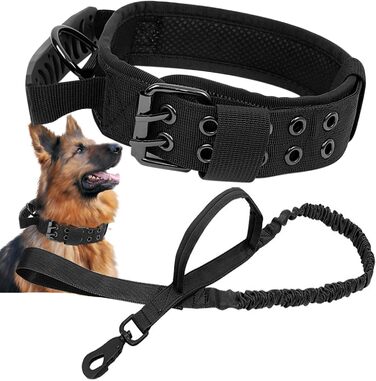 Тактичне обіднє нашийник для собак з ручкою та повідок, військовий нашийник. М'яка підкладка, нейлон, регульований, для середніх та великих собак XL, чорний P5