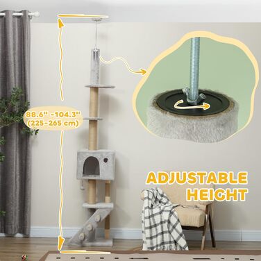 Кігтеточка PawHut Boden bis zur Decke для котів, 225-265 см, з регульованою висотою та платформами, сіра