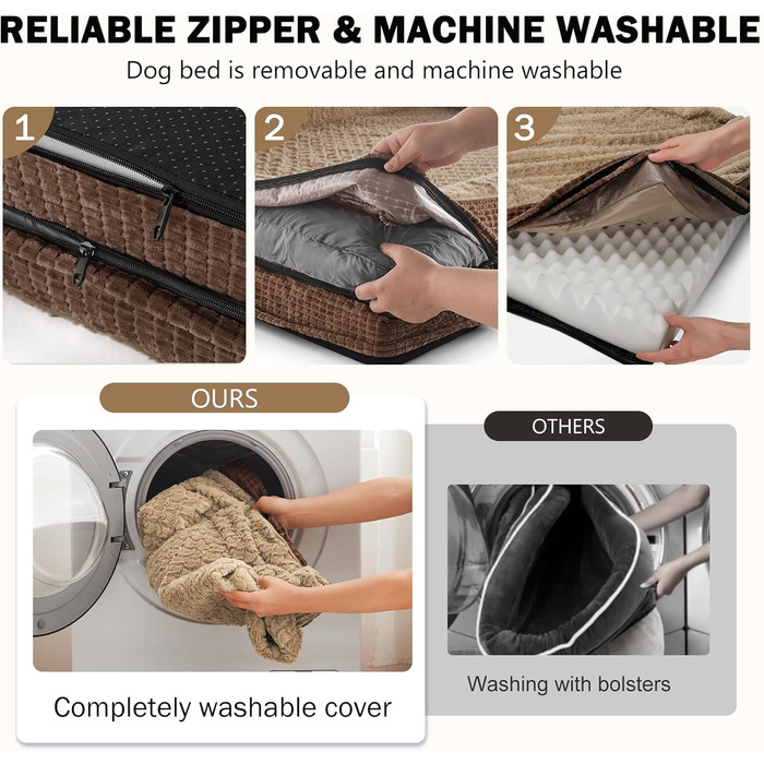 Ортопедичне ліжко для собак великих порід від INVENHO, велике (35'x 25'x 7'), коричневе, з пам'яті ефекту, водонепроникне, знімний, миючий чохол