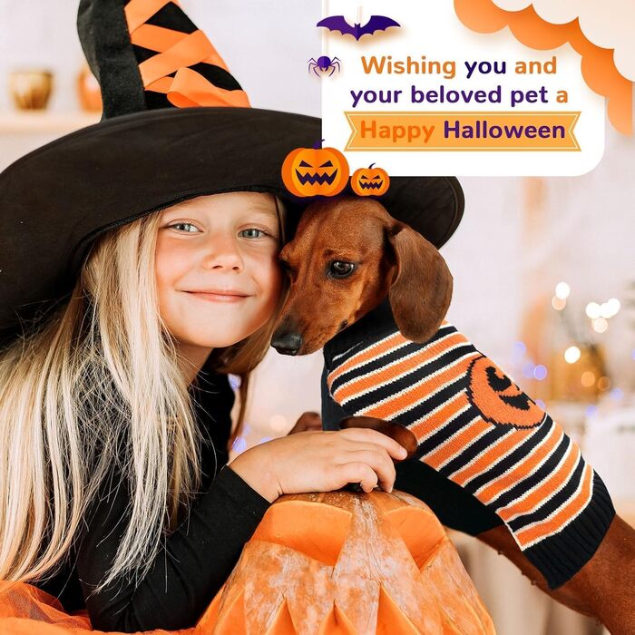 Пуловер для собак PETCARE, в'язаний, смугастий, з мотивом гарбуза, для котів, цуценят, костюм для домашніх тварин, Хелловін, відпочинок, вечірка, для маленьких, середніх та великих собак, одяг (смугастий, розмір XL), XL, помаранчевий
