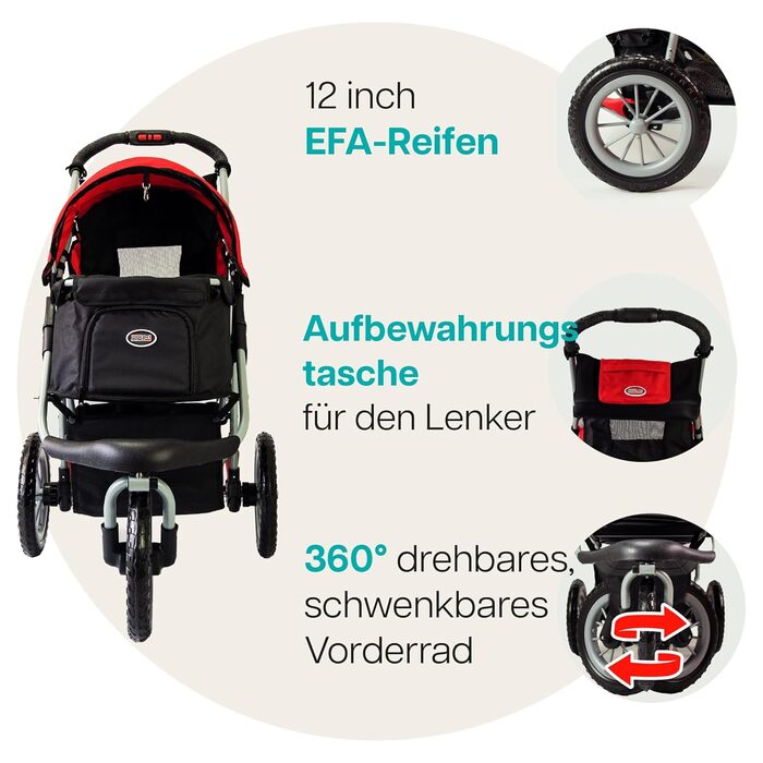 Візок для собак Innopet Comfort EFA Eco чорний/червоний – розкладний візок для собак та котів, підходить для лісу та пляжу, з великими колесами 30см, вантажопідйомність 25кг, з повідками